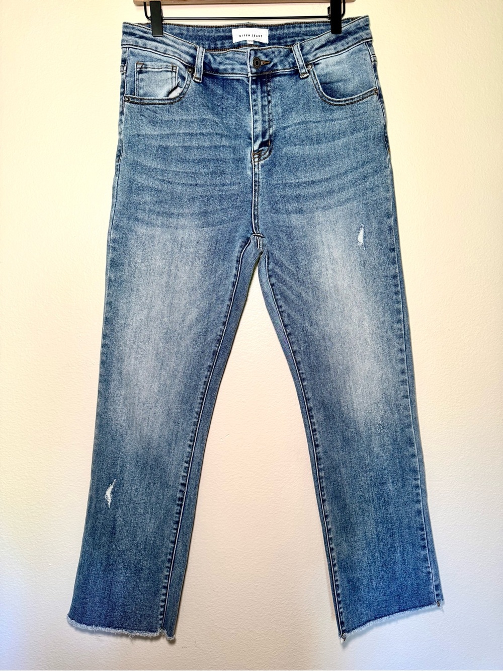 Risen Jeans Straight Leg Raw Hem Distressed Stretch Denim Size 15/32